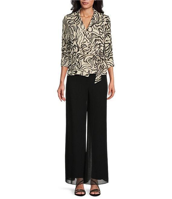 Alex Evenings Petite Size 3/4 Sleeve Collared Neck Tie Waist Printed Blouse Product Image