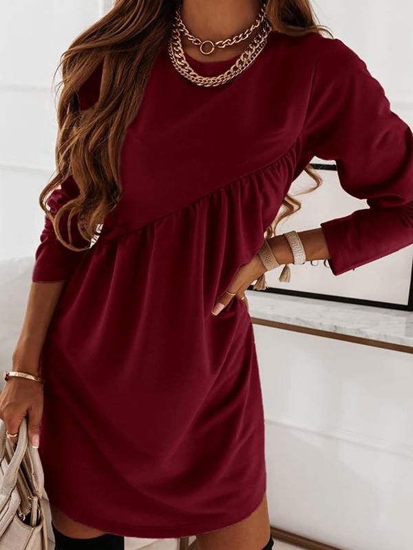 Casual Loose Long Sleeves Solid Color Round-Neck Mini Dresses Product Image