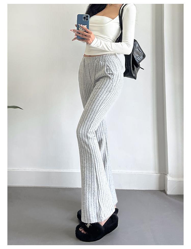 Drawstring Waist Plain Ribbed Flared Pants Product Image