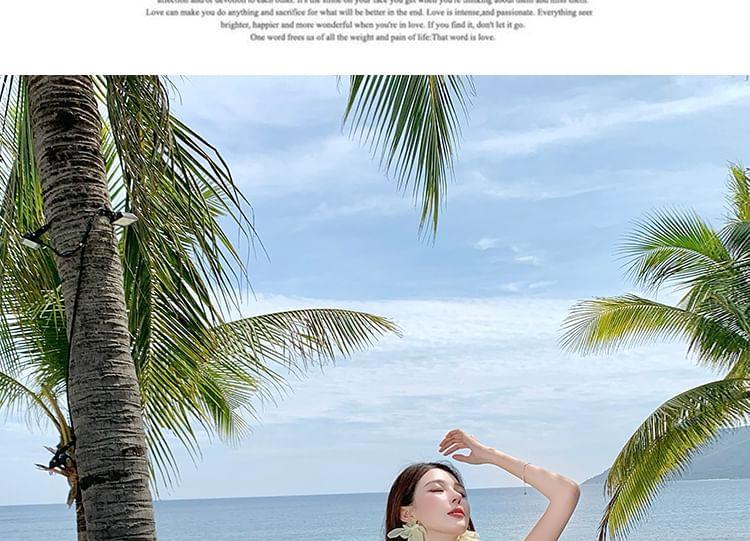 Spaghetti Strap Sea Print Floral Shirred Midi Mermaid Dress Product Image