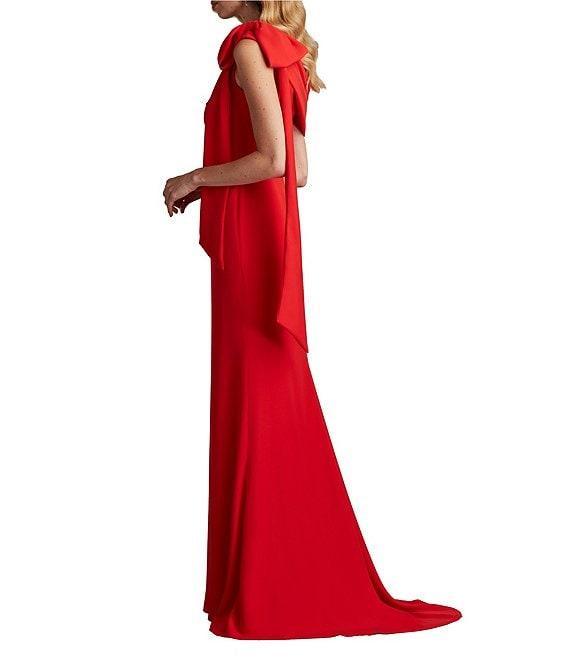 Tadashi Shoji Draped One Shoulder Bow Detail Crepe Sheath Gown Product Image