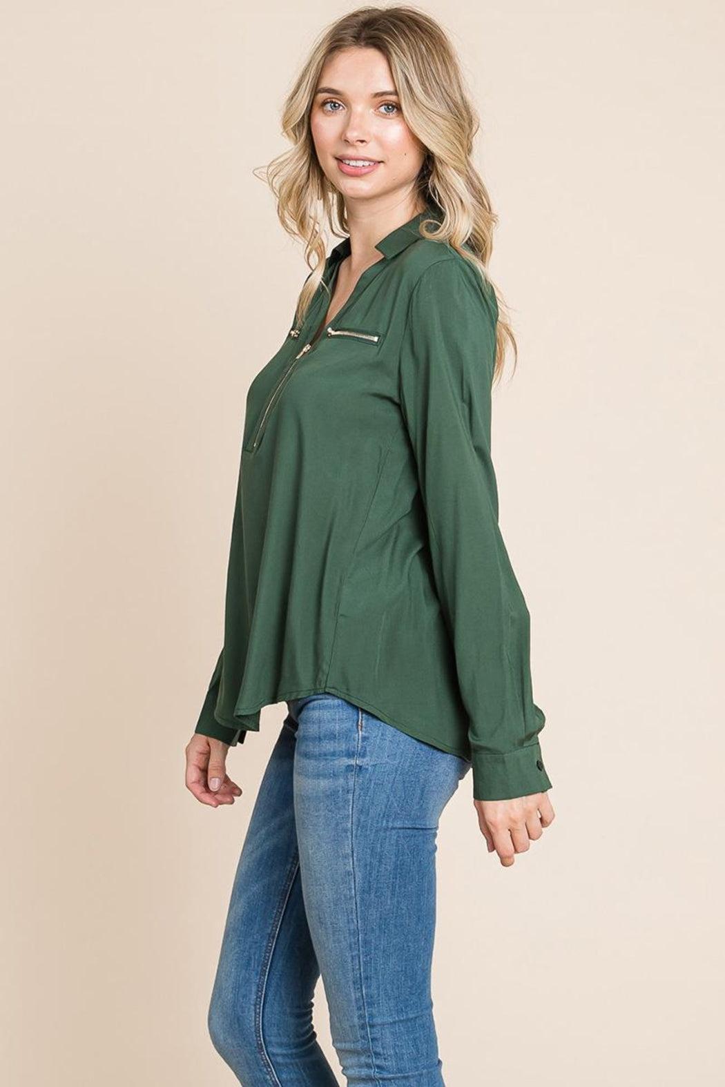 V Neck Front Zip Up Long Sleeve Top Female Product Image