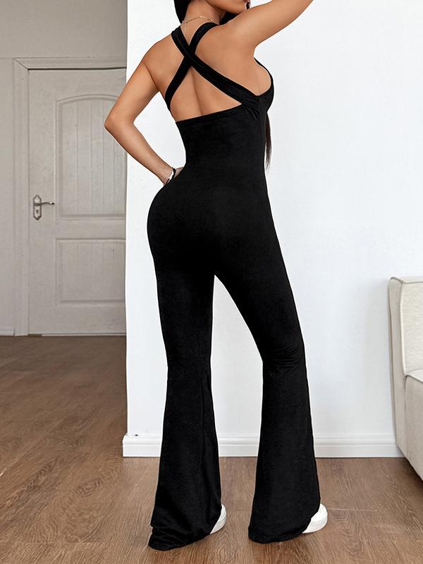 Bodycon High Waisted Solid Color Deep V-Neck Jumpsuits Product Image