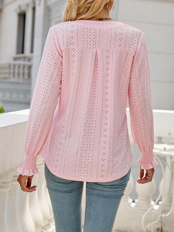 Long Sleeves Loose Elasticity Hollow Solid Color V-Neck T-Shirts Tops Product Image