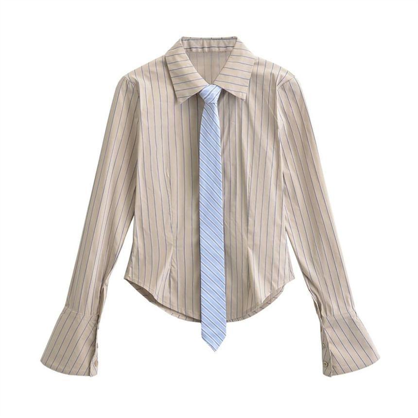 Long Sleeve Collared Striped Shirt with Necktie Product Image