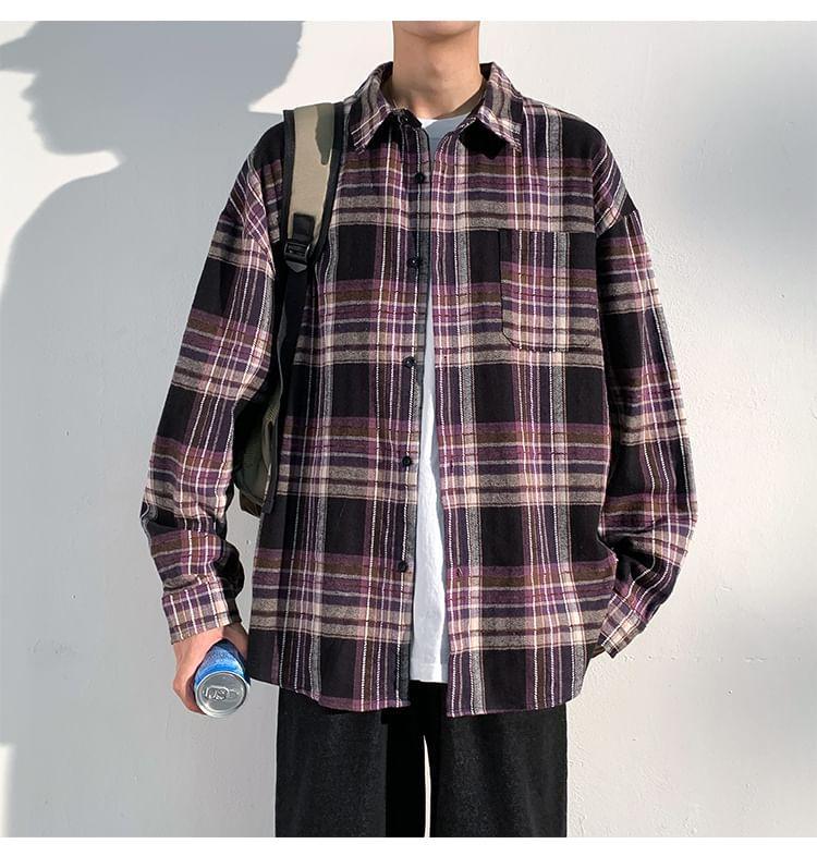 Long Sleeve Collared Plaid Shirt Product Image