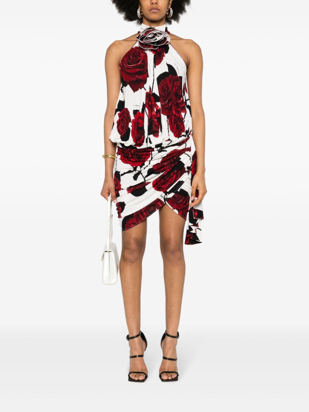 BALMAIN Rose-print Mini Dress In White Product Image