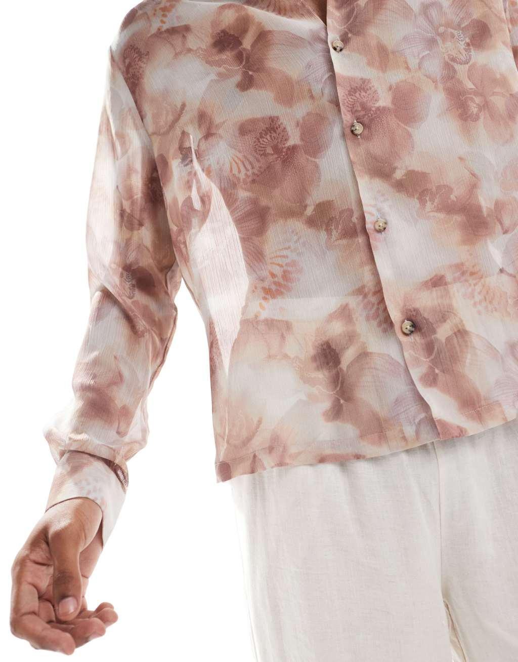 ASOS DESIGN boxy relaxed camp collar shirt with photographic floral print in neutral Product Image