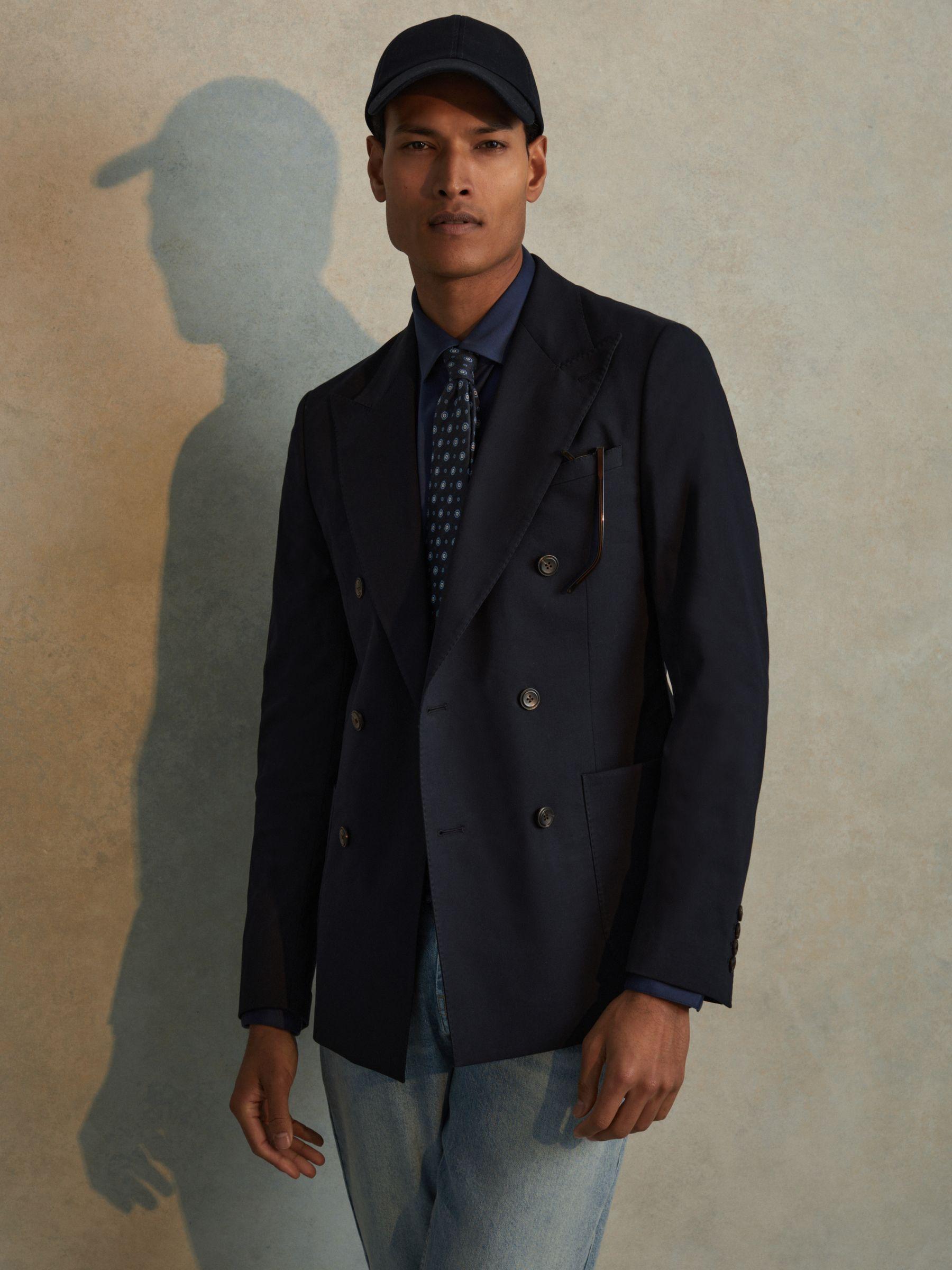 Double Breasted Cotton Blend Blazer in Navy Product Image