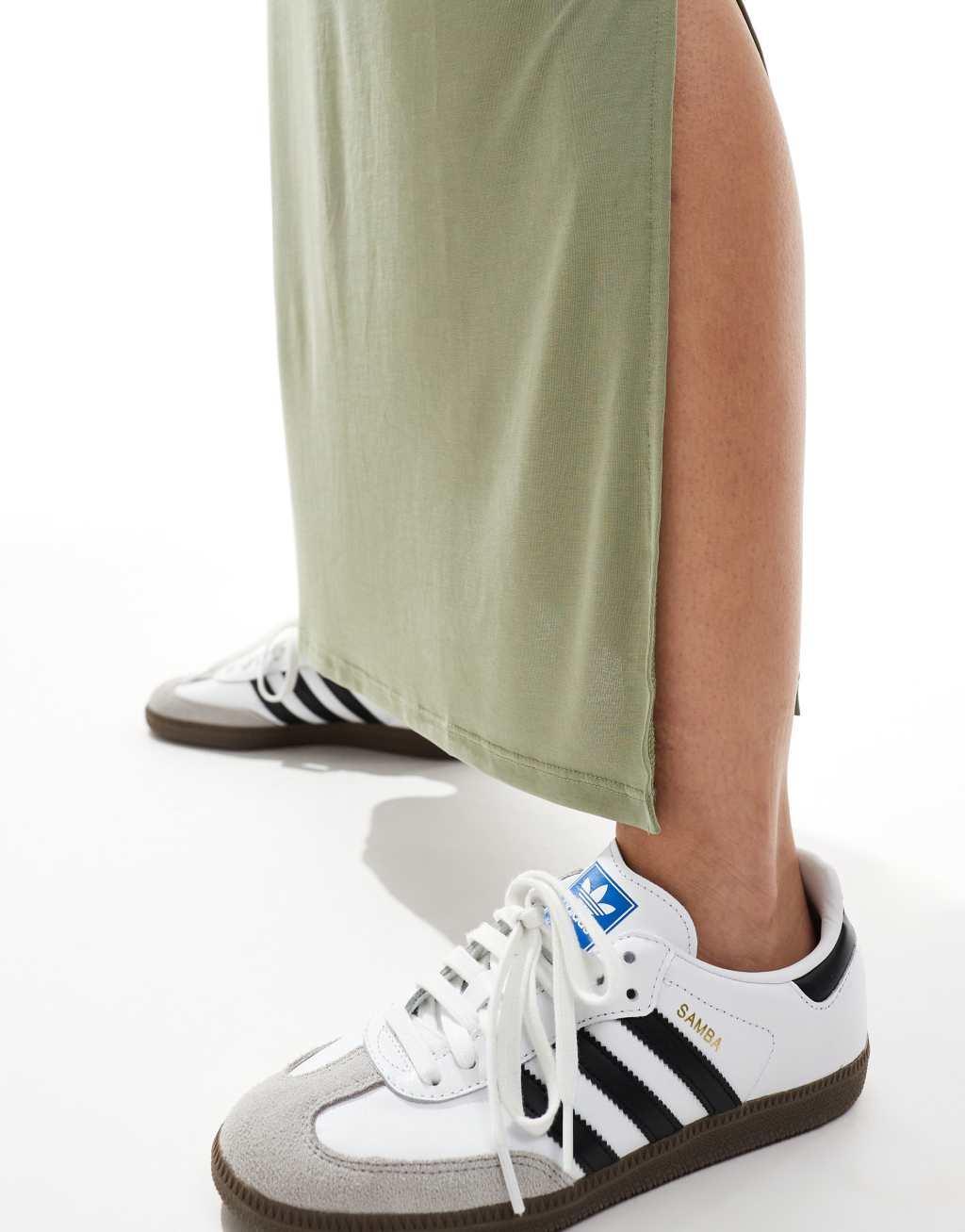 Vila slinky maxi skirt with split in green Product Image