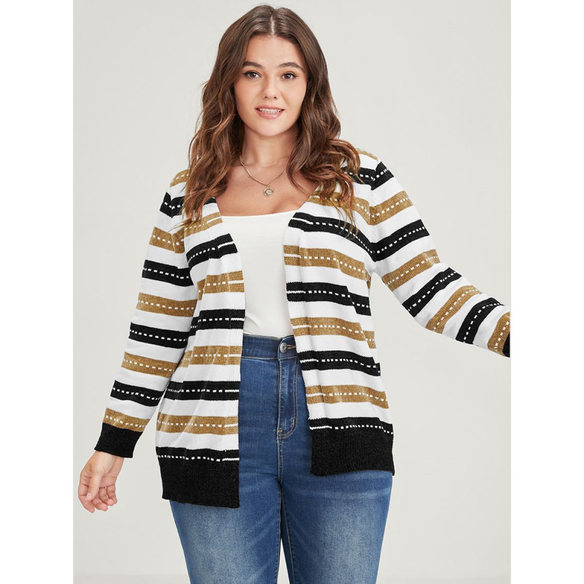 Plus Size Striped Contrast Pointelle Knit Jacquard Open Front Cardigan Multicolor Women Casual Long Sleeve Dailywear Cardigans BloomChic 18-20/2X Product Image
