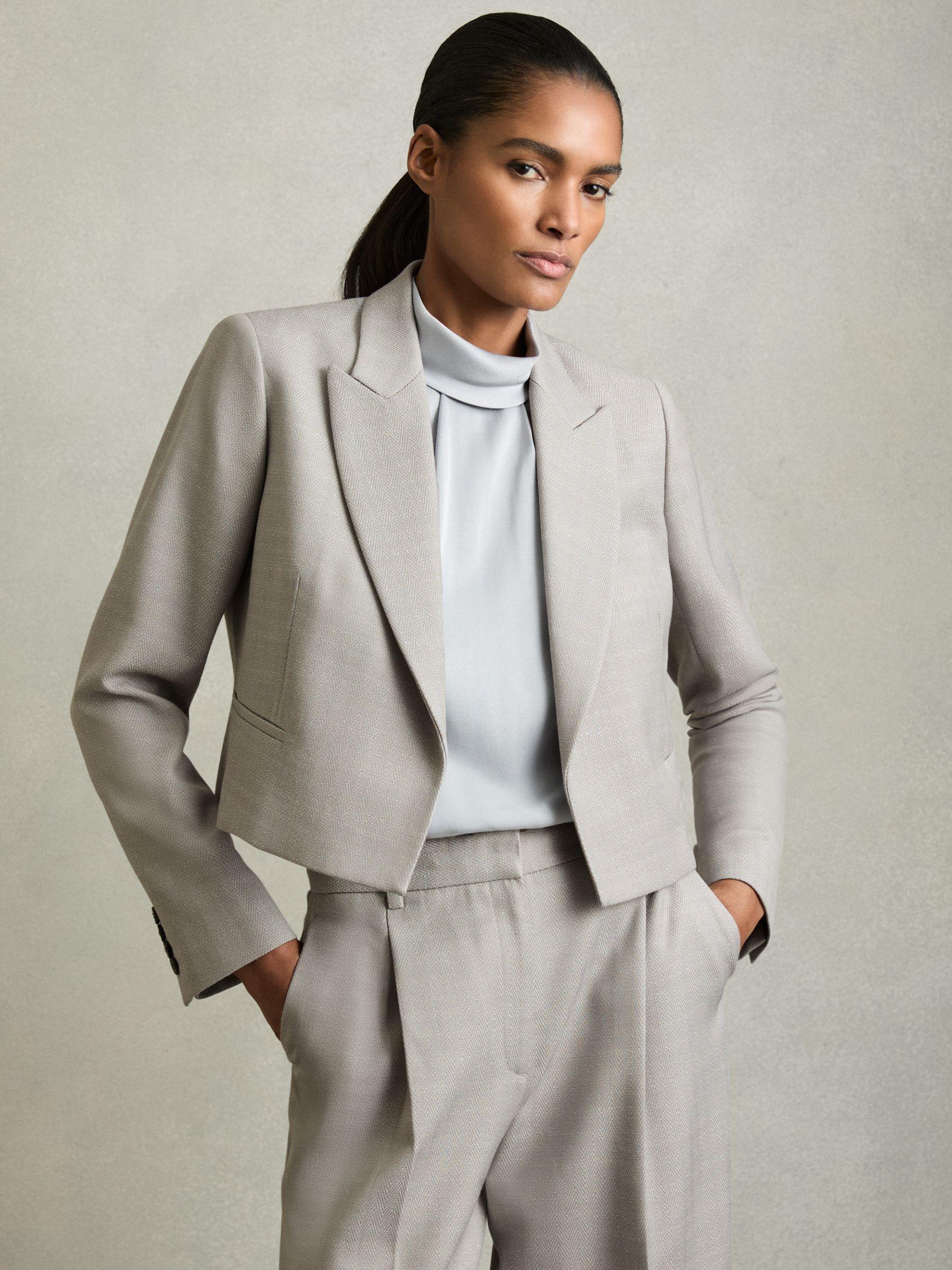 Double-Breasted Cropped Wool-Blend Blazer in Grey Product Image