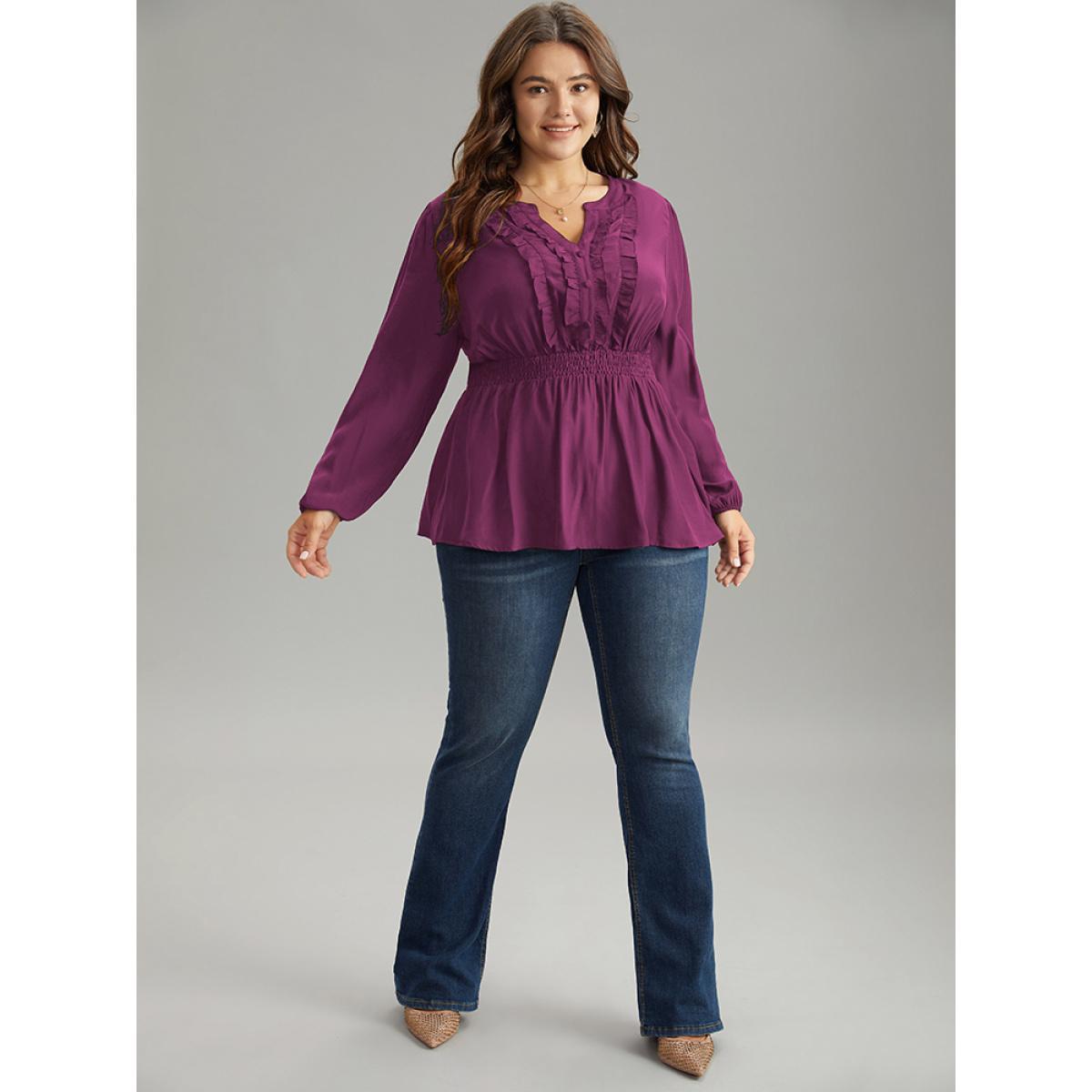 Plus Size RedViolet Solid Frill Trim Shirred Flutter Hem Blouse Women Elegant Long Sleeve Notched collar Dailywear Blouses BloomChic 12/L Product Image