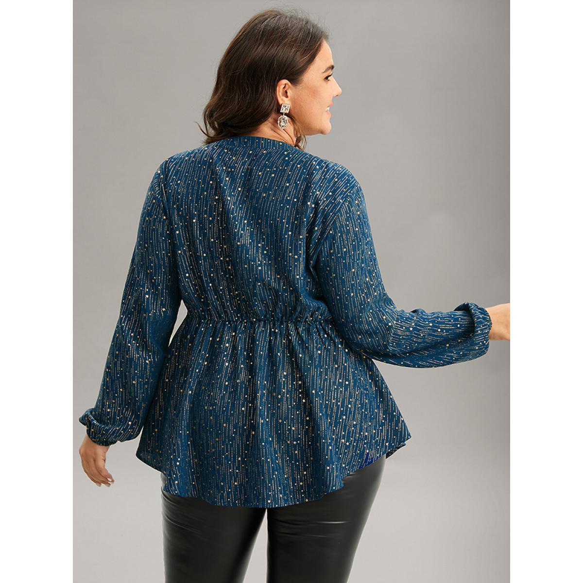 Plus Size Indigo Glitter Lantern Sleeve Elastic Waist Lace Up Blouse Women Cocktail Long Sleeve Tie Neck Party Blouses BloomChic 28/5X Product Image