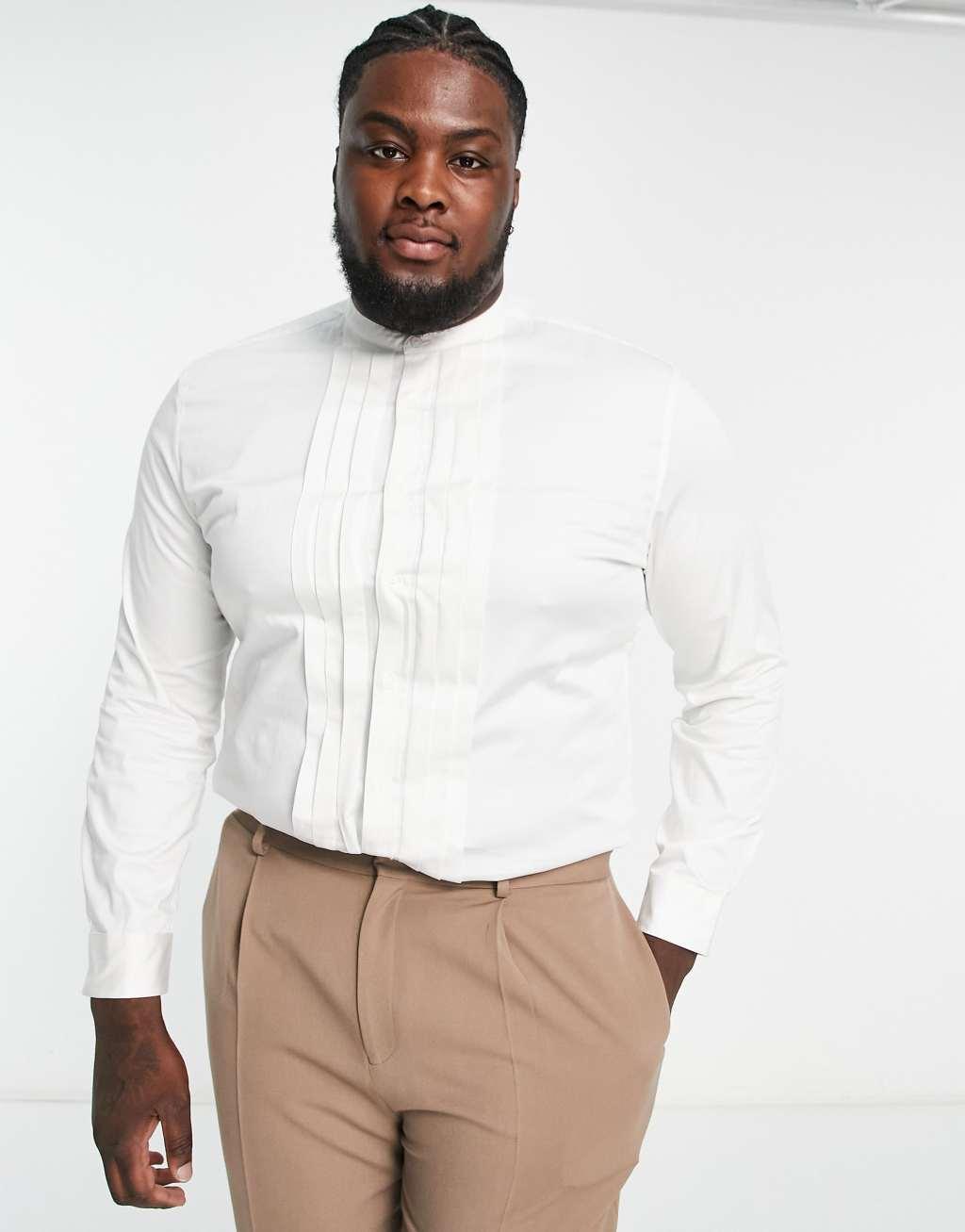 ASOS DESIGN slim sateen shirt with pleat front detail & grandad collar in white Product Image