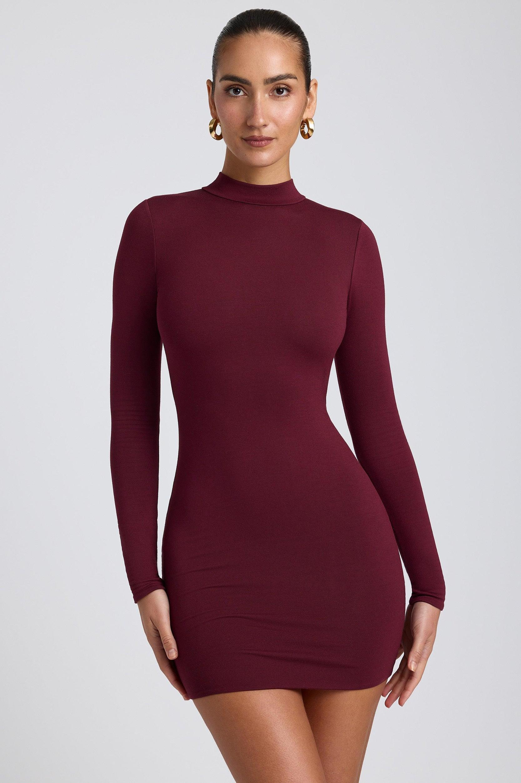 Modal Open-Back Long-Sleeve Mini Dress in Plum Product Image