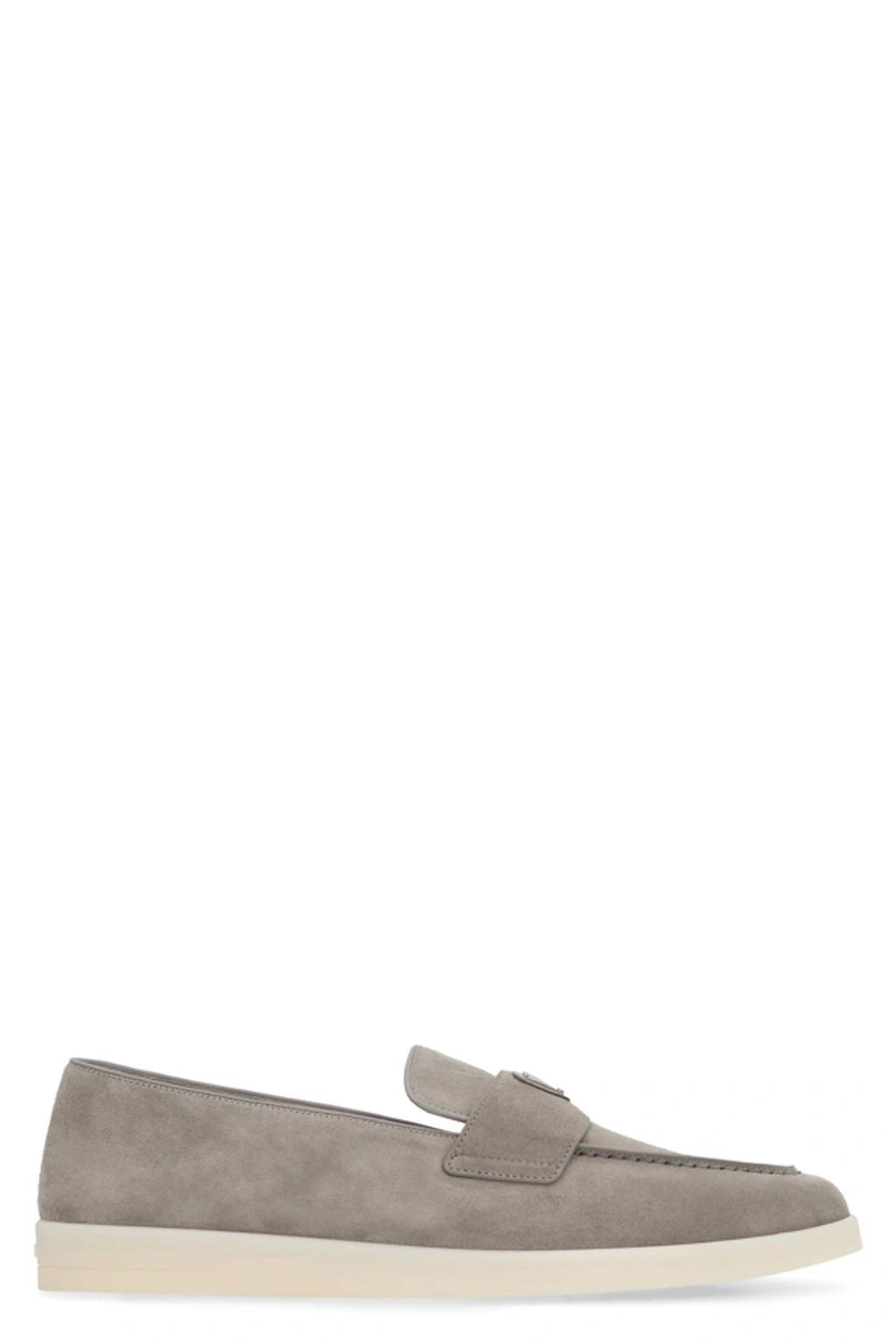 PRADA Logo Suede Loafers In Gray Product Image