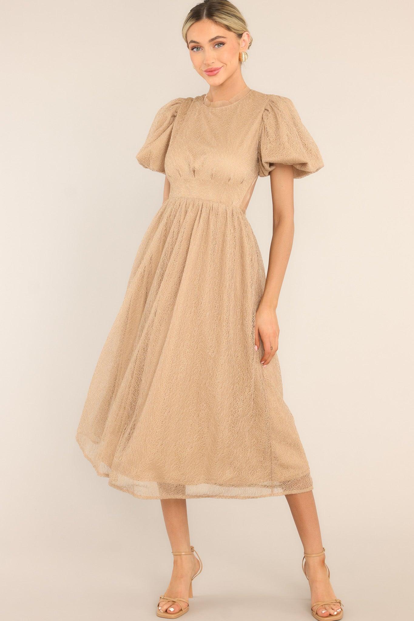 Simply Her Taupe Lace Midi Dress Brown Product Image