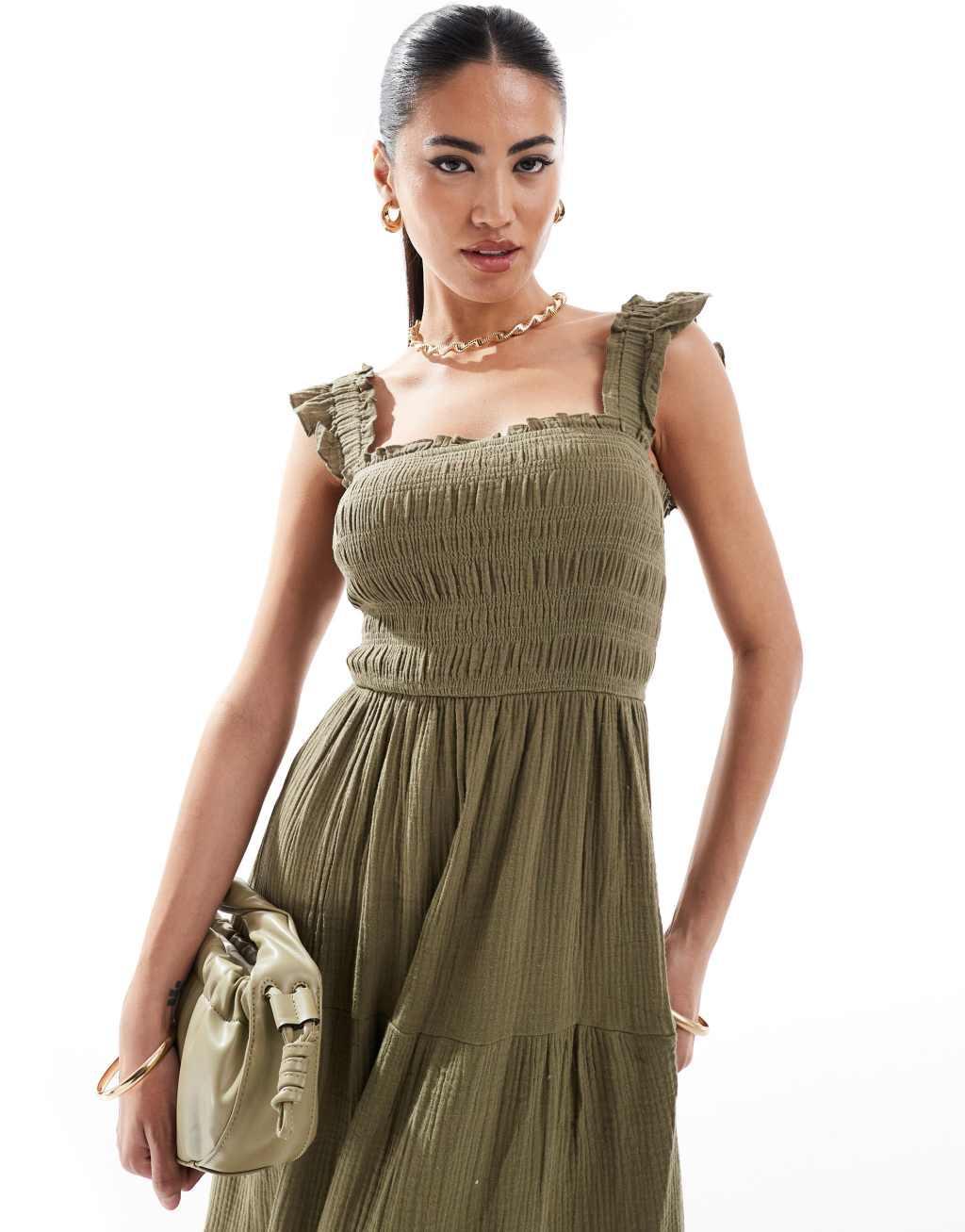 Style Cheat smocked midi dress in khaki Product Image