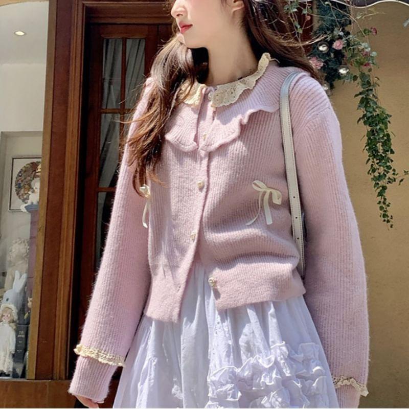 Long Sleeve Doll Collar Lace Panel Bow Accent Loose-Fit Cardigan Product Image