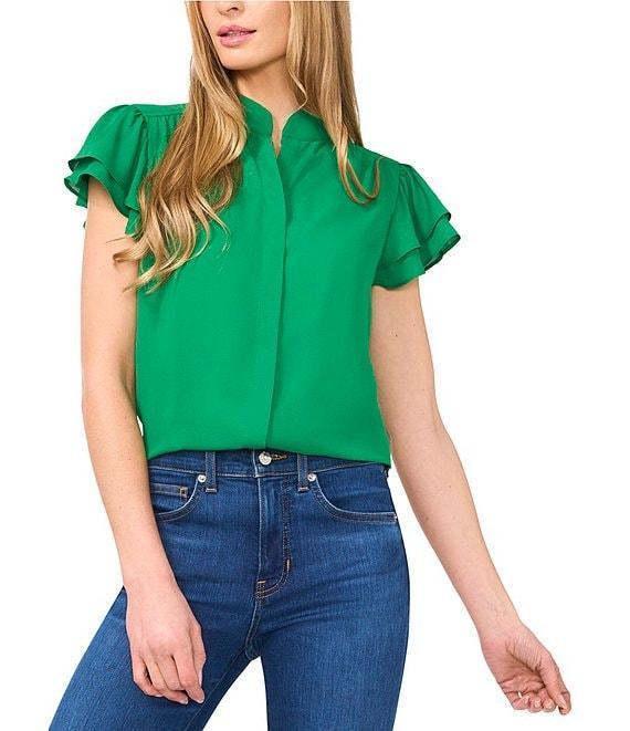 CeCe Woven Mandarin Collar Flutter Short Sleeve Blouse Product Image