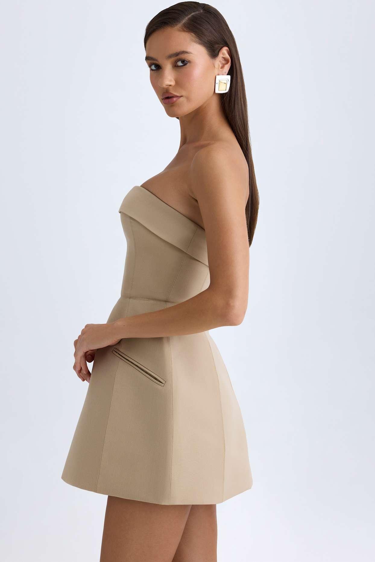 Foldover-Neck Structured Tulip Mini Dress in Camel Product Image