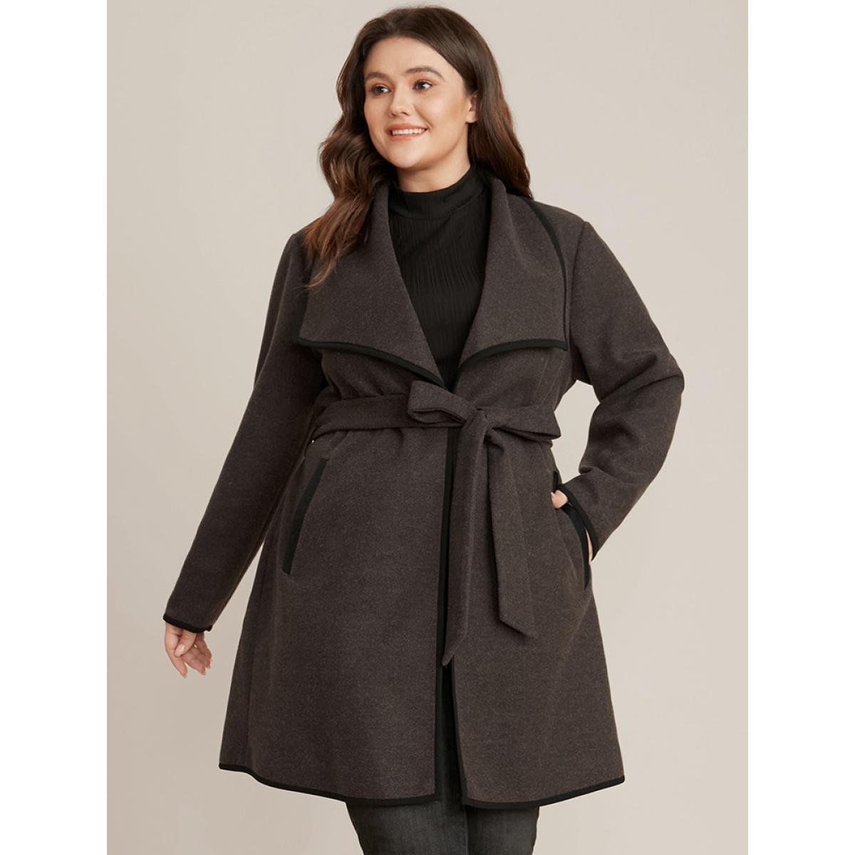 Plus Size Contrast Trim Pocket Belted Lapel Collar Coat Women DarkBrown Office Belted Ladies Work Winter Coats BloomChic 28/5X Product Image
