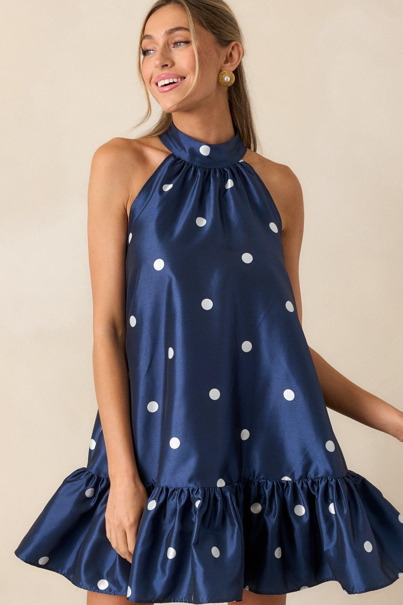 Sweet Soirée Navy Halter Polka Dot Mini Dress Product Image