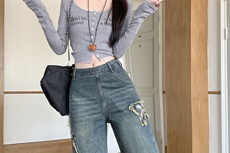 Mid Waist Butterfly Applique Washed Wide Leg Jeans Product Image