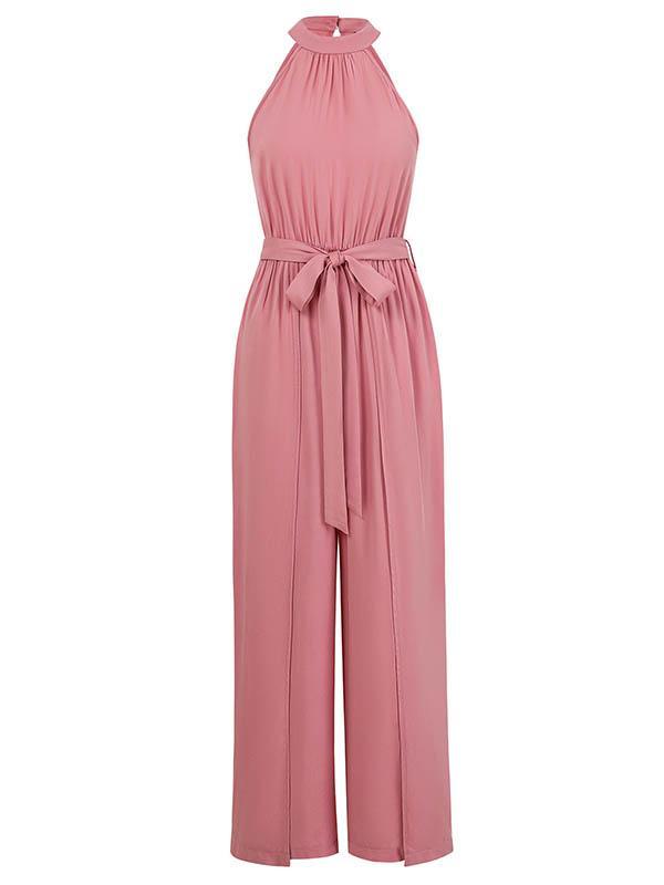 High Waisted Loose Pleated Solid Color Split-Front Tied Waist Halter-Neck Jumpsuits Product Image