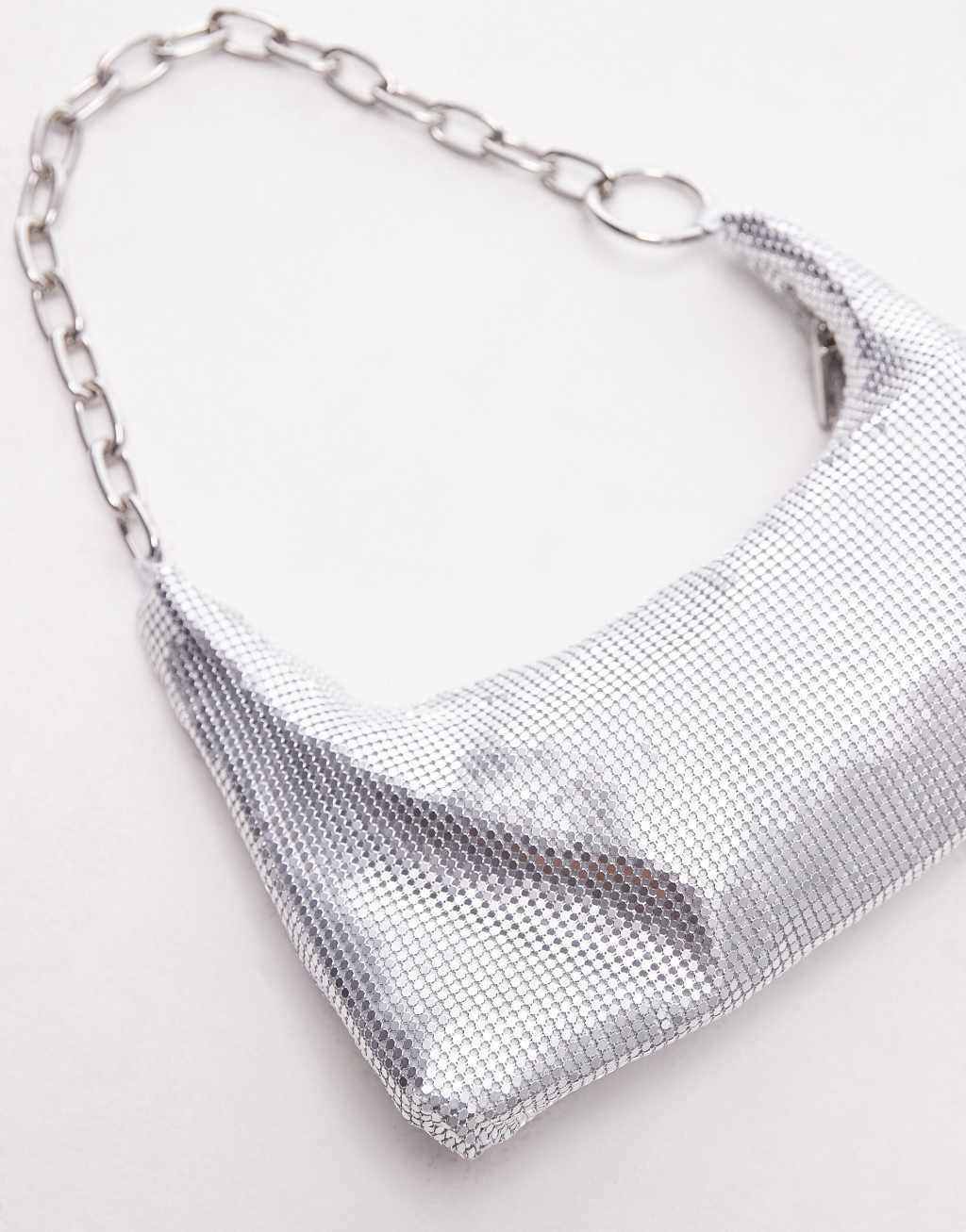 Topshop Sarah chainmail shoulder bag with chain handle in silver Product Image