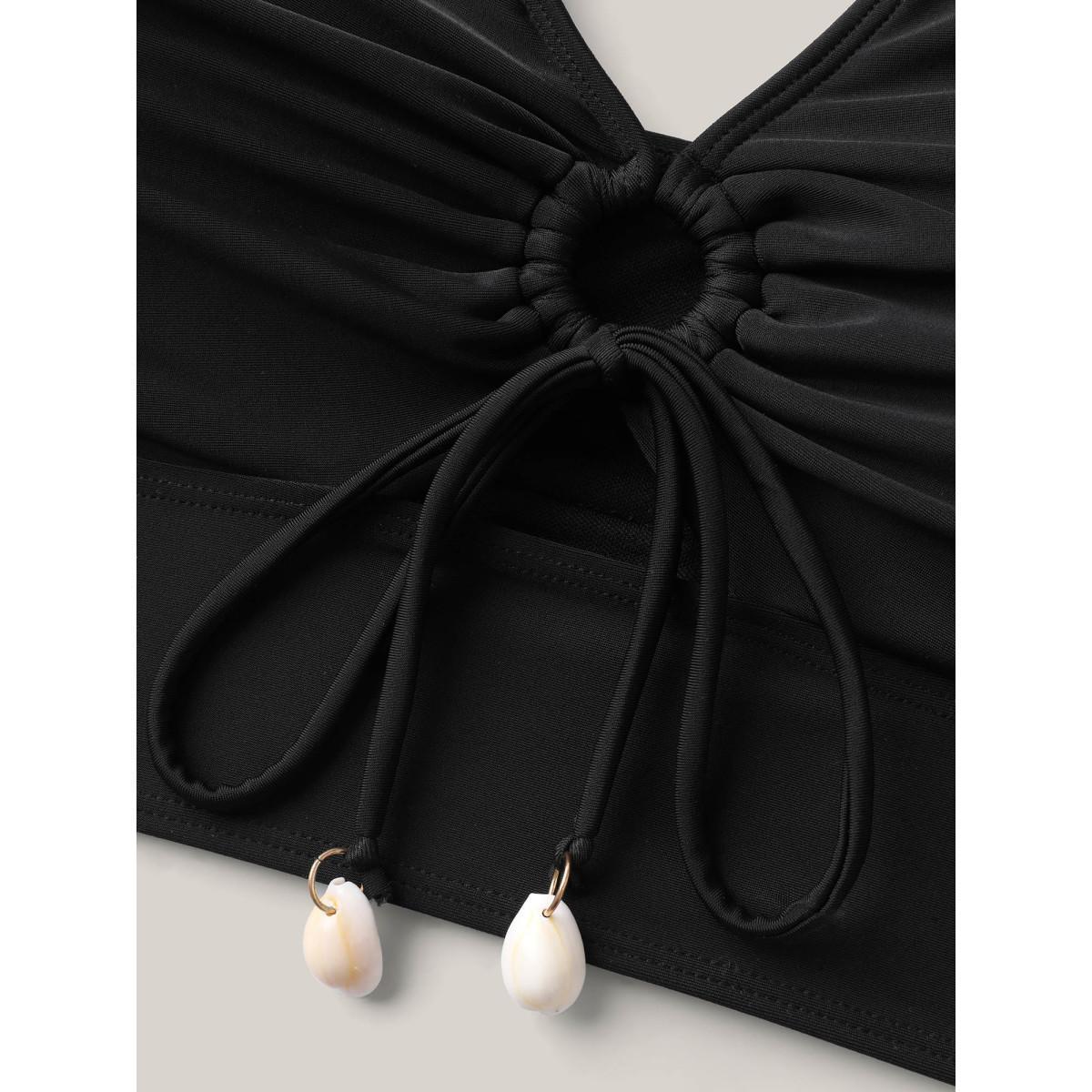 Plus Size Knotted Keyhole Crossstraps Swim Top Women's Swimwear Black Resort Tie knot High stretch Skinny V-neck Curve Swim Tops BloomChic 30/6X Product Image