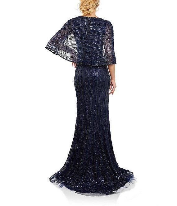 Terani Couture Round Neck Sequin Tulle Ruched Front Capelet Gown Product Image
