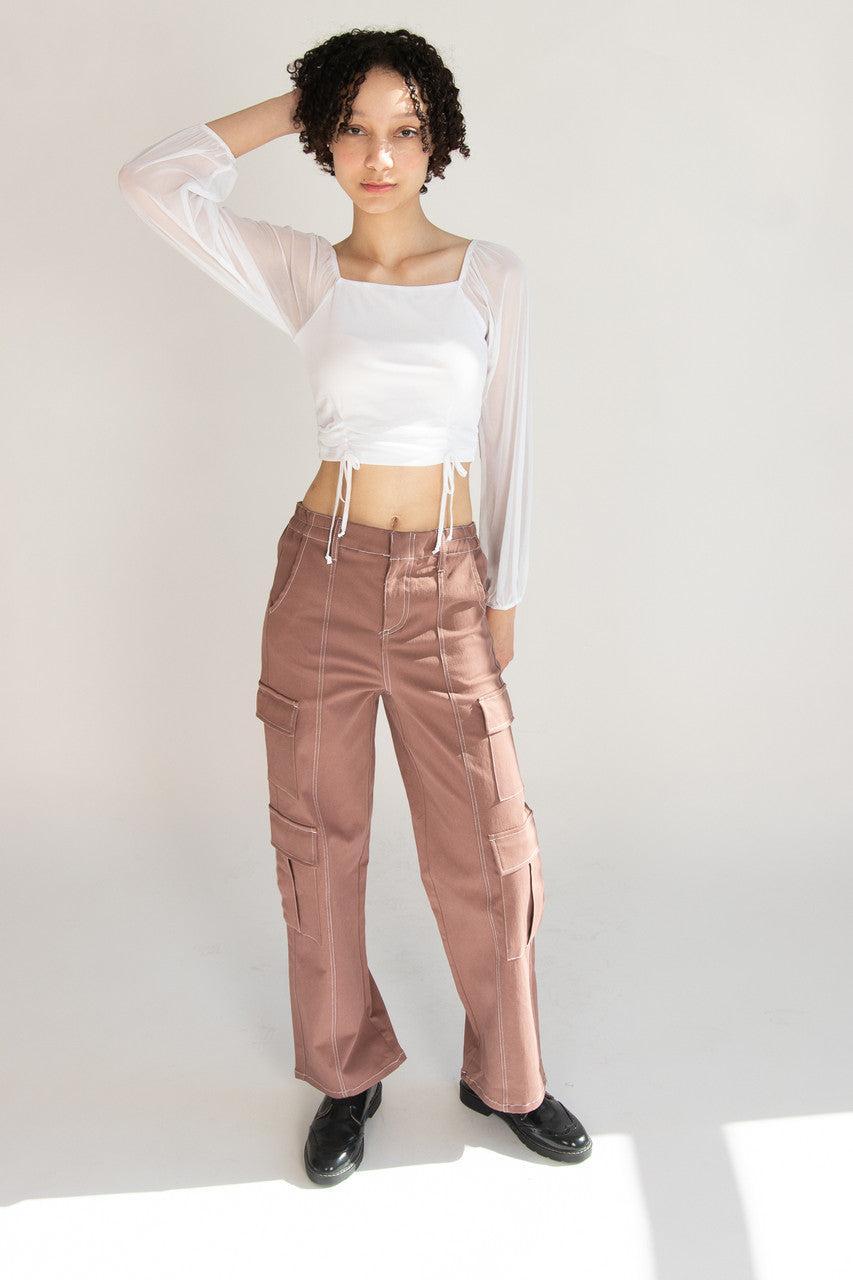 Mesh Ruched Front Long Sleeve Top Product Image