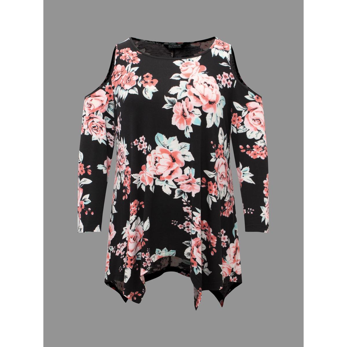 Plus Size Floral Print Shoulder Cut-Out T-shirt Black Women Elegant Contrast Natural Flowers Round Neck Loose Everyday T-shirts BloomChic 18-20/2X Product Image