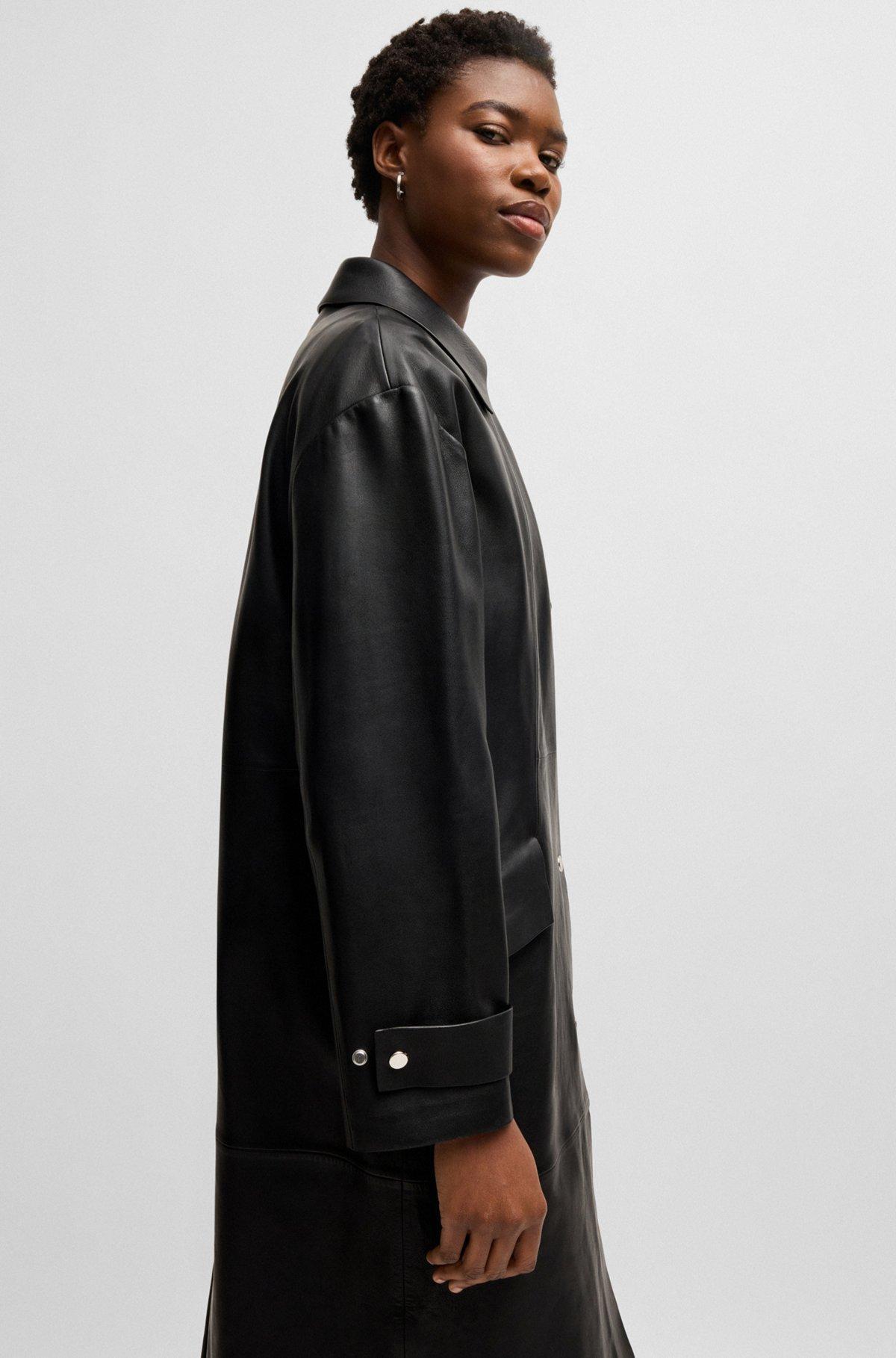 Leather trench coat with silver-tone trims Product Image