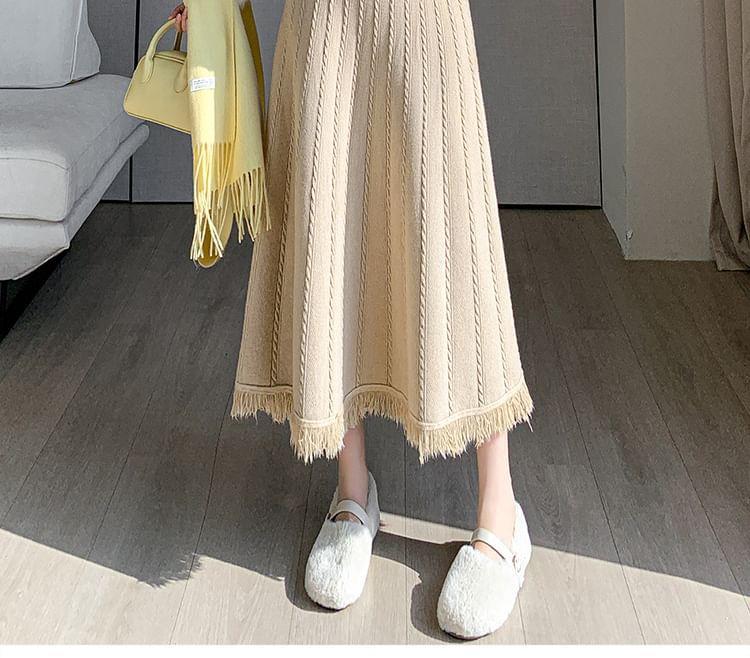 High Rise Plain Knitted Midi A-Line Skirt Product Image