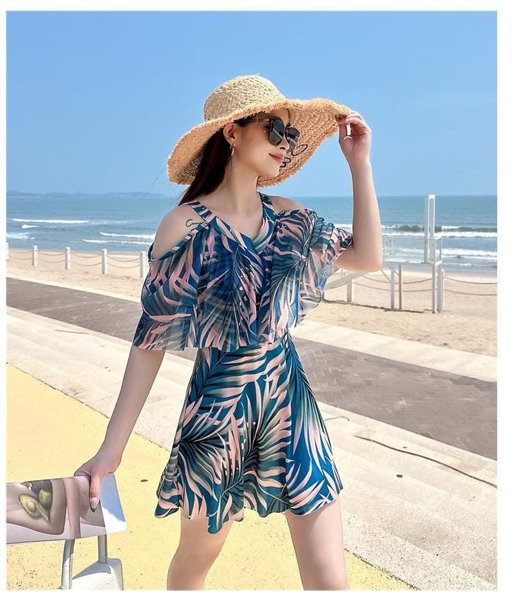 Elbow-Sleeve V-Neck Cold Shoulder Tropical Print Swim Dress Product Image