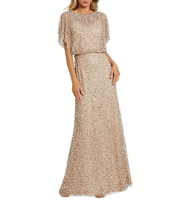 Mac Duggal Pearl Sequin Beaded Mesh Boat Neck Short Flutter Sleeve Shawl Gown Product Image