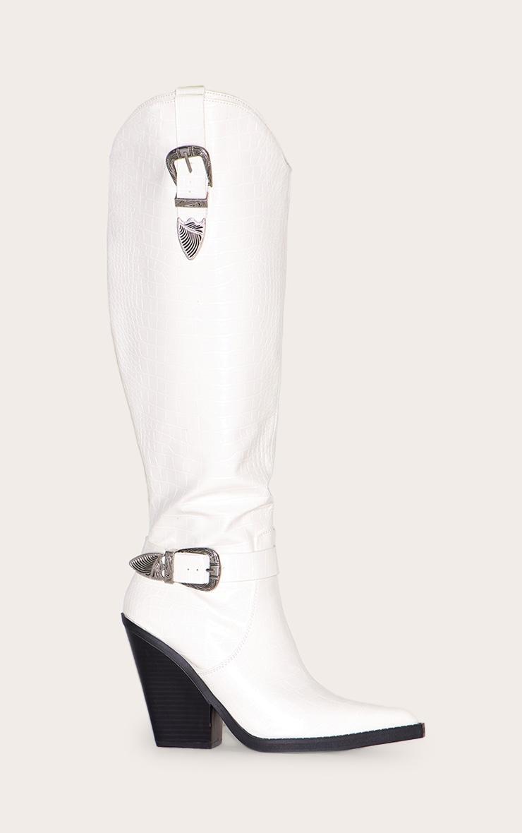 White Croc PU Point Toe High Block Heel Knee High Western Boots Product Image