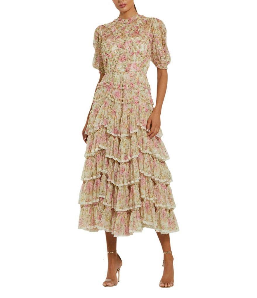 Mac Duggal Mesh Floral Print Mock Neck Short Sleeve Micro Ruffle A-Line Midi Dress Product Image