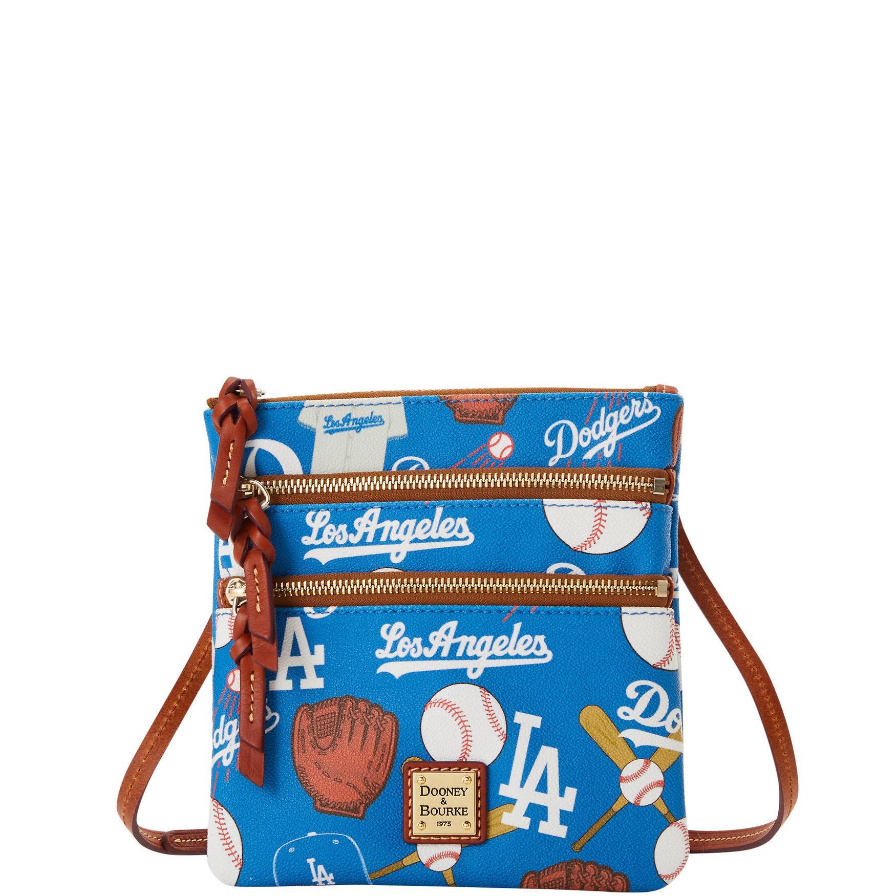 Dooney & Bourke Womens MLB Dodgers North South Triple Zip Crossbody Coated Cotton Shoulder Bag in Blue Product Image