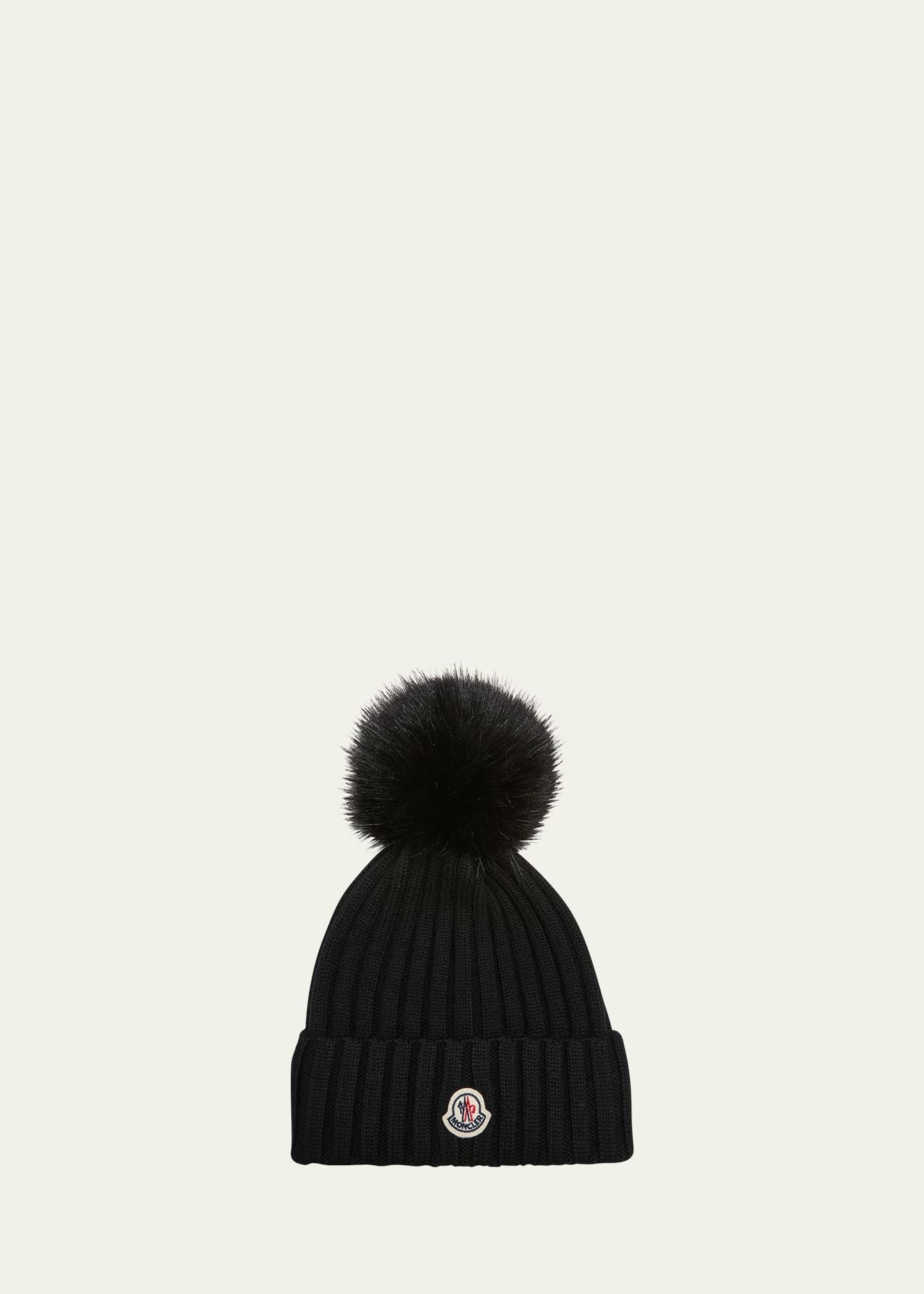 Ribbed Wool Beanie with Faux Fur Pom Product Image