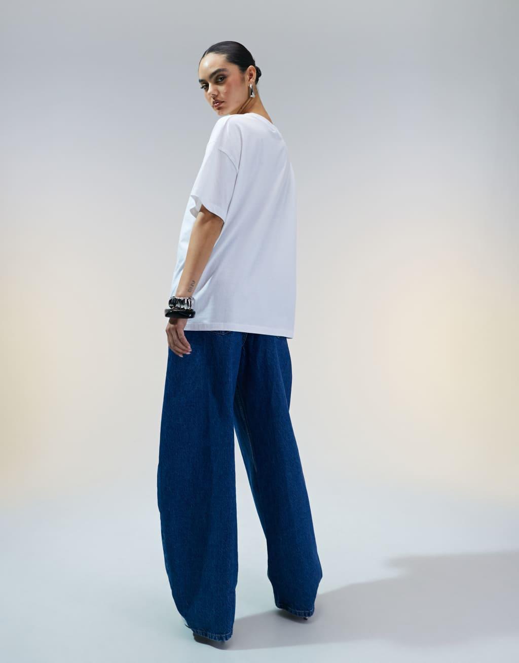 ASOS DESIGN high waisted barrel leg jeans in mid blue  Product Image