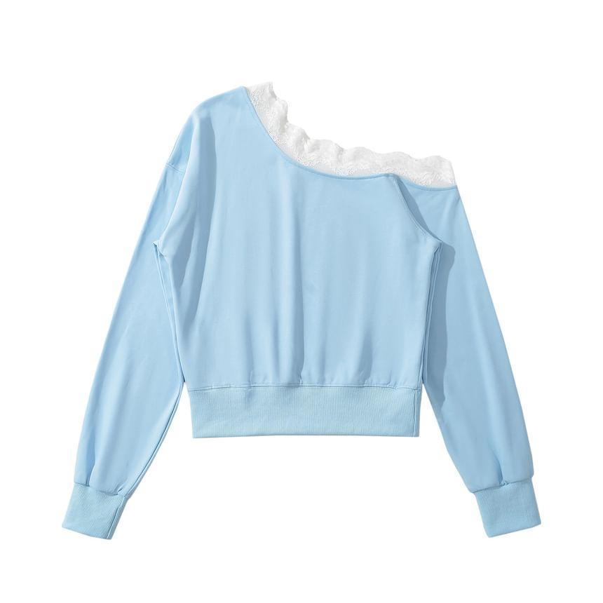 One Shoulder Plain Lace Trim Crop Pullover Product Image