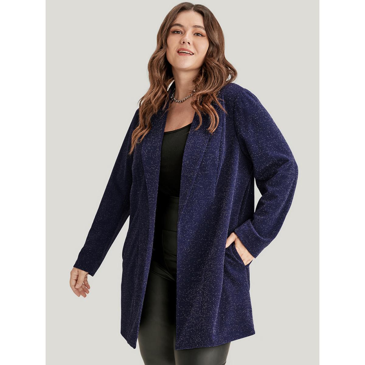 Plus Size Solid Sequin Open Front Blazer DarkBlue Women Going out Plain Pocket Sleeve Long Sleeve Suit Collar 28/5X Pocket Party Blazers BloomChic Product Image