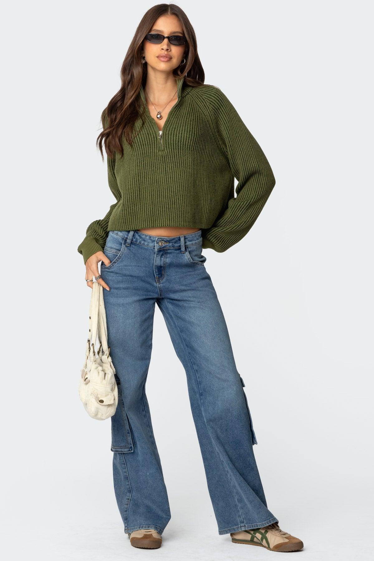 Cropped Rib Knit Half Zip Sweater Product Image