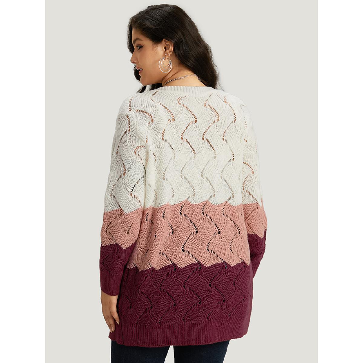 Plus Size Colorblock Contrast Open Front Eyelet Cardigan Multicolor Women Casual Loose Long Sleeve Dailywear Cardigans BloomChic 12/L Product Image