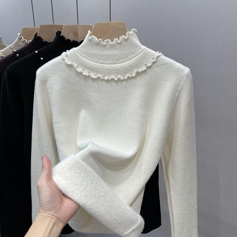 Long-Sleeve Mock Neck Plain Faux Pearl Accent Lettuce Edge Knit Top Product Image