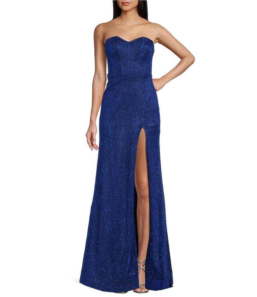 Honey and Rosie Strapless Sweetheart Neck Corset Front Slit Gown Product Image